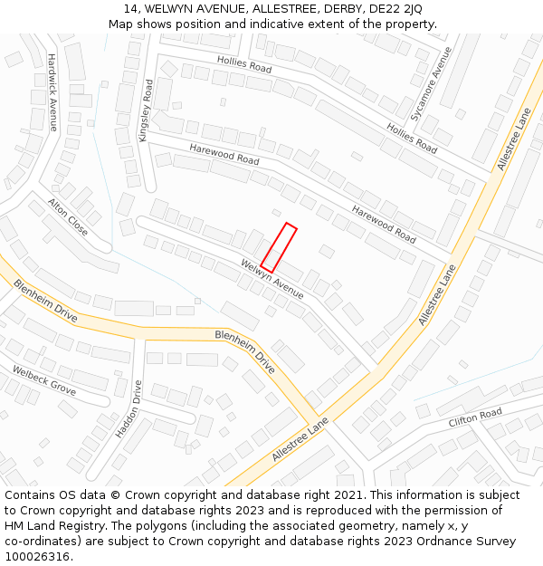 14, WELWYN AVENUE, ALLESTREE, DERBY, DE22 2JQ: Location map and indicative extent of plot