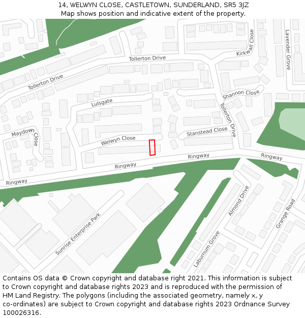 14, WELWYN CLOSE, CASTLETOWN, SUNDERLAND, SR5 3JZ: Location map and indicative extent of plot