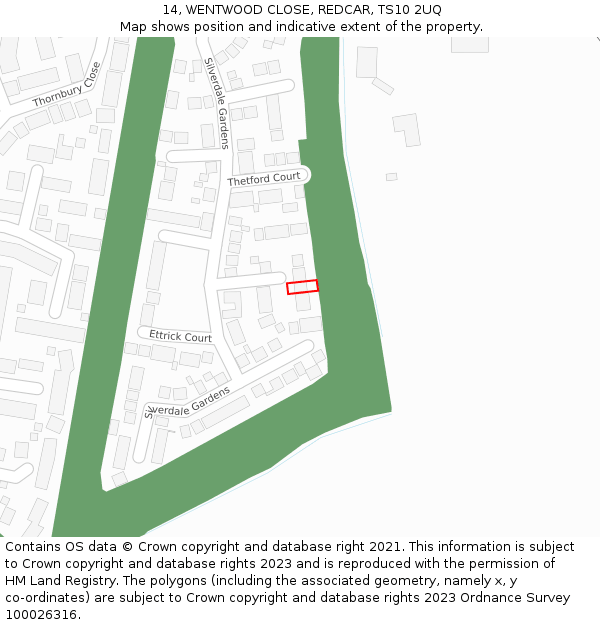 14, WENTWOOD CLOSE, REDCAR, TS10 2UQ: Location map and indicative extent of plot