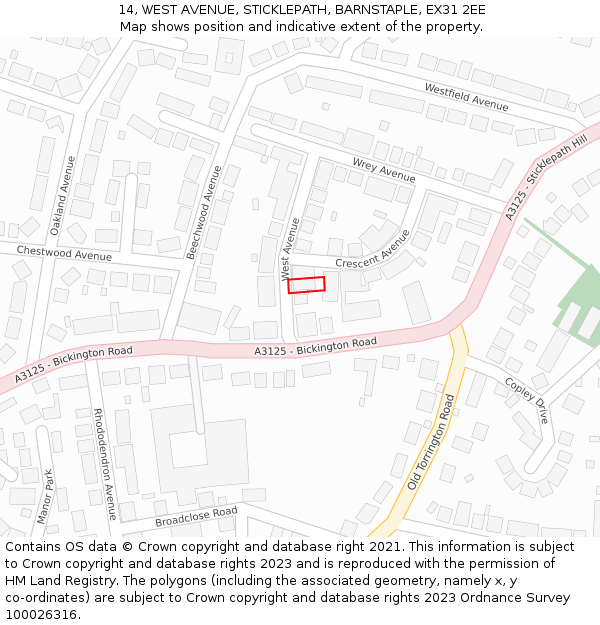 14, WEST AVENUE, STICKLEPATH, BARNSTAPLE, EX31 2EE: Location map and indicative extent of plot