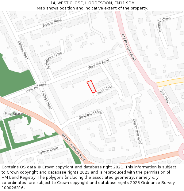 14, WEST CLOSE, HODDESDON, EN11 9DA: Location map and indicative extent of plot