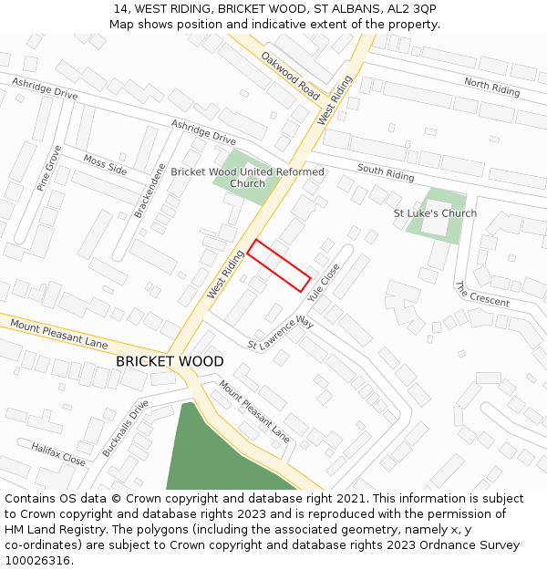 14, WEST RIDING, BRICKET WOOD, ST ALBANS, AL2 3QP: Location map and indicative extent of plot