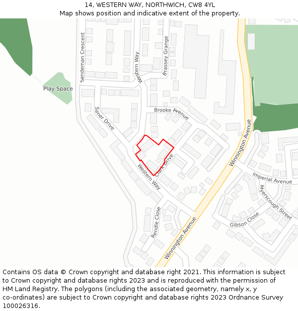 14, WESTERN WAY, NORTHWICH, CW8 4YL: Location map and indicative extent of plot