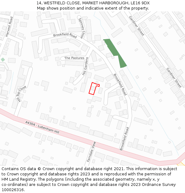 14, WESTFIELD CLOSE, MARKET HARBOROUGH, LE16 9DX: Location map and indicative extent of plot