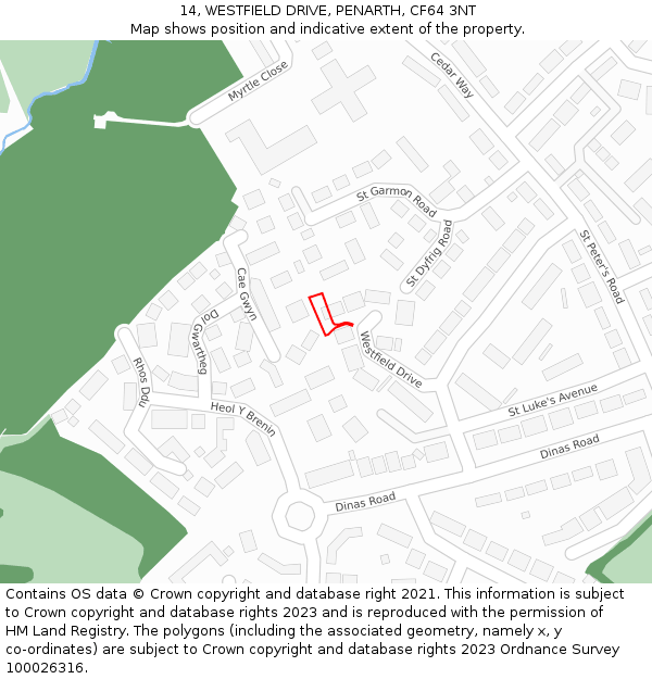 14, WESTFIELD DRIVE, PENARTH, CF64 3NT: Location map and indicative extent of plot