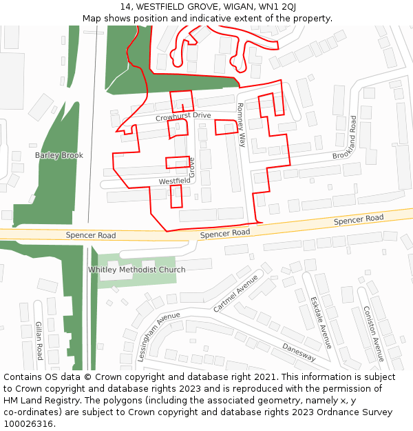 14, WESTFIELD GROVE, WIGAN, WN1 2QJ: Location map and indicative extent of plot