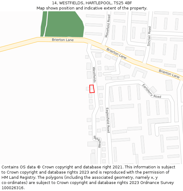 14, WESTFIELDS, HARTLEPOOL, TS25 4BF: Location map and indicative extent of plot