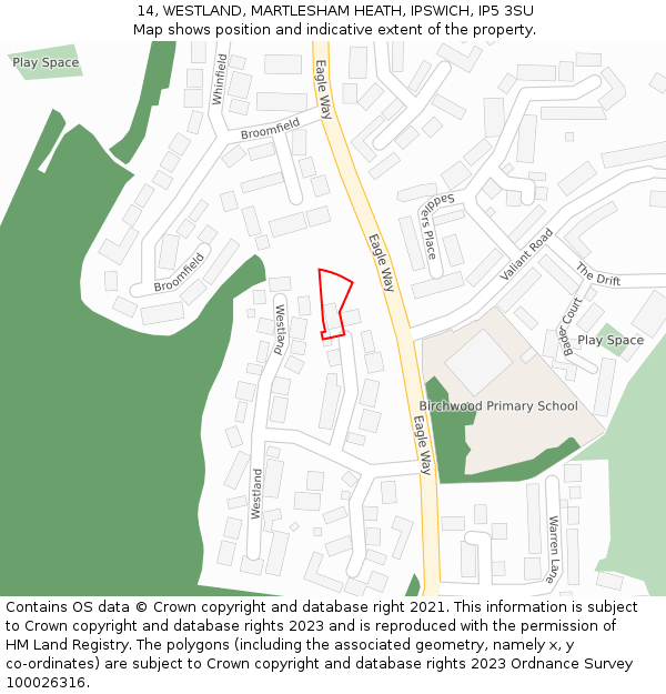 14, WESTLAND, MARTLESHAM HEATH, IPSWICH, IP5 3SU: Location map and indicative extent of plot