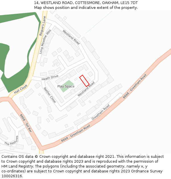 14, WESTLAND ROAD, COTTESMORE, OAKHAM, LE15 7DT: Location map and indicative extent of plot