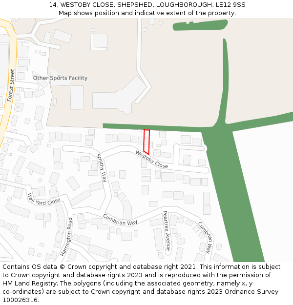 14, WESTOBY CLOSE, SHEPSHED, LOUGHBOROUGH, LE12 9SS: Location map and indicative extent of plot