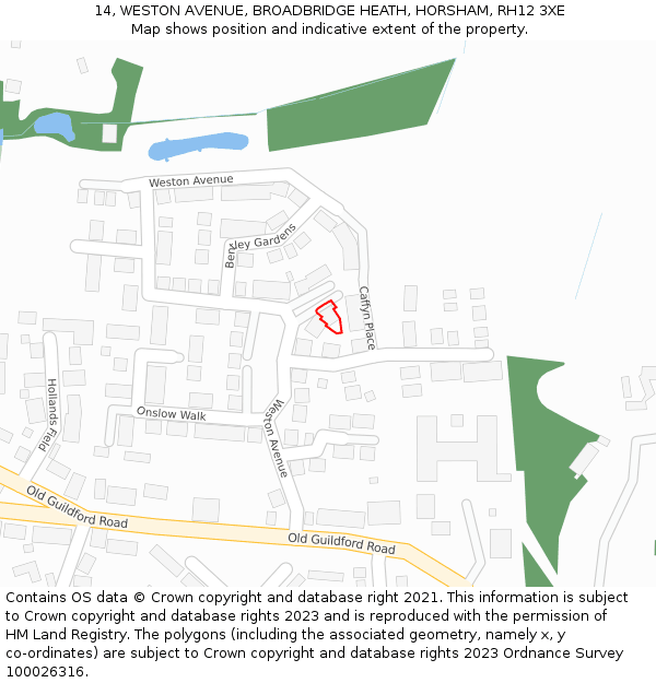 14, WESTON AVENUE, BROADBRIDGE HEATH, HORSHAM, RH12 3XE: Location map and indicative extent of plot