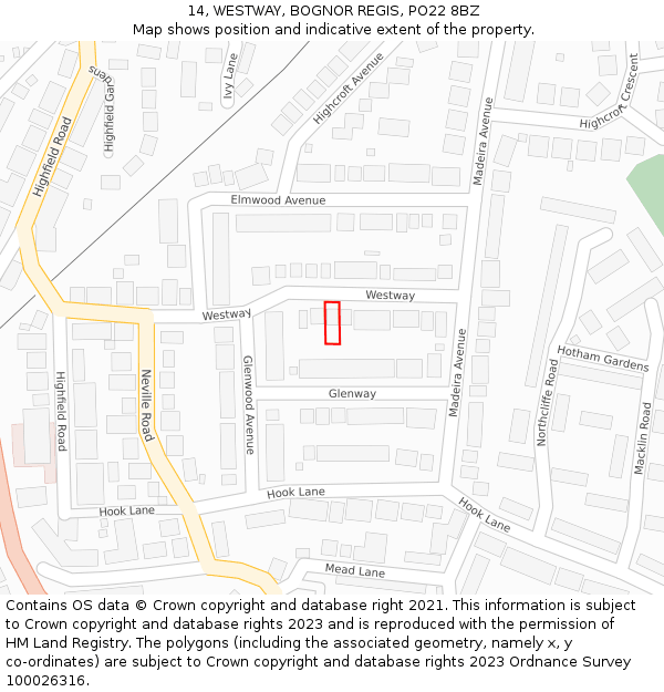 14, WESTWAY, BOGNOR REGIS, PO22 8BZ: Location map and indicative extent of plot