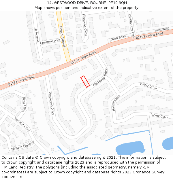 14, WESTWOOD DRIVE, BOURNE, PE10 9QH: Location map and indicative extent of plot