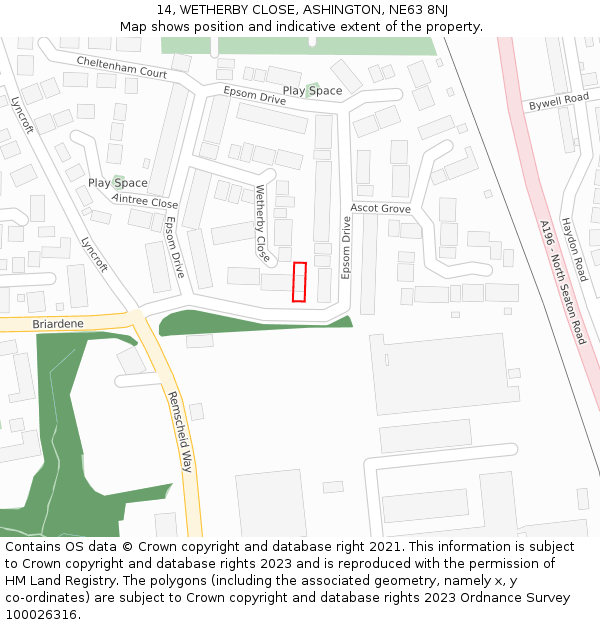 14, WETHERBY CLOSE, ASHINGTON, NE63 8NJ: Location map and indicative extent of plot