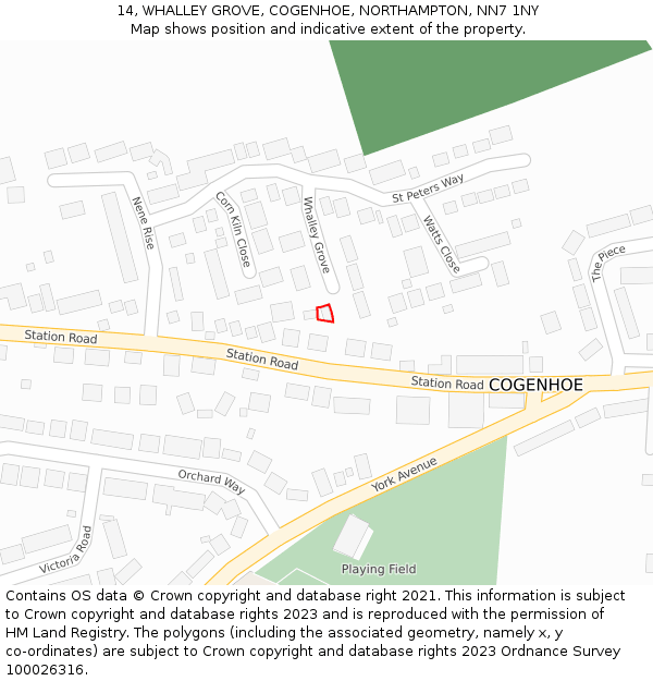 14, WHALLEY GROVE, COGENHOE, NORTHAMPTON, NN7 1NY: Location map and indicative extent of plot