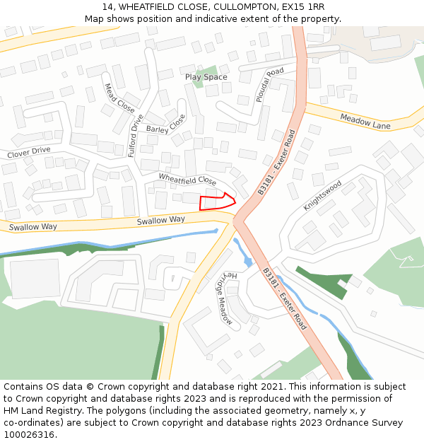 14, WHEATFIELD CLOSE, CULLOMPTON, EX15 1RR: Location map and indicative extent of plot