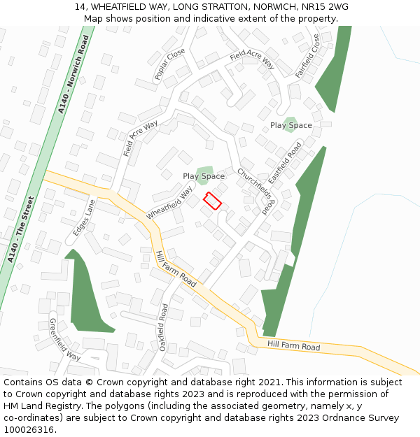 14, WHEATFIELD WAY, LONG STRATTON, NORWICH, NR15 2WG: Location map and indicative extent of plot