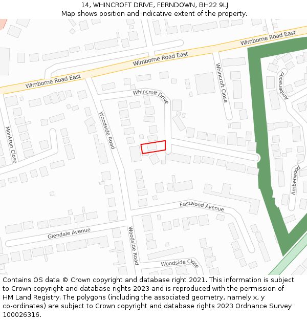 14, WHINCROFT DRIVE, FERNDOWN, BH22 9LJ: Location map and indicative extent of plot