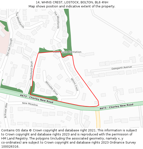 14, WHINS CREST, LOSTOCK, BOLTON, BL6 4NH: Location map and indicative extent of plot
