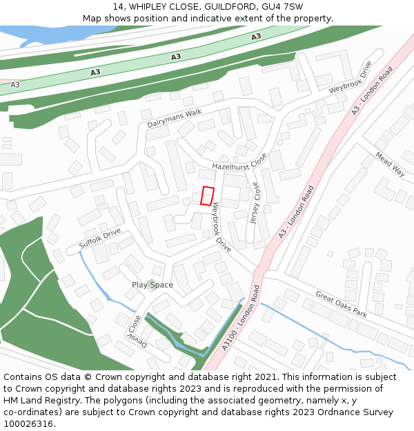 14, WHIPLEY CLOSE, GUILDFORD, GU4 7SW: Location map and indicative extent of plot