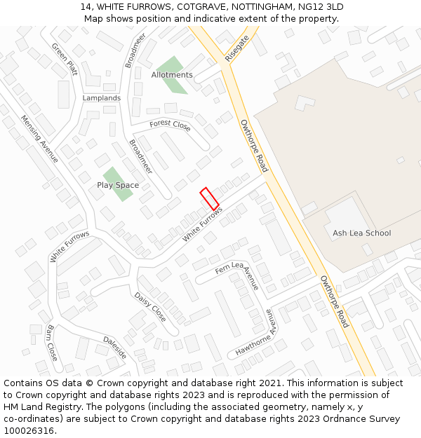 14, WHITE FURROWS, COTGRAVE, NOTTINGHAM, NG12 3LD: Location map and indicative extent of plot
