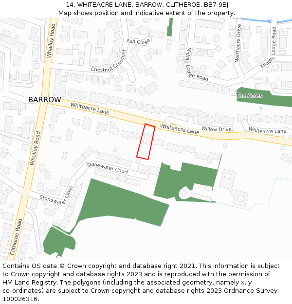 14, WHITEACRE LANE, BARROW, CLITHEROE, BB7 9BJ: Location map and indicative extent of plot