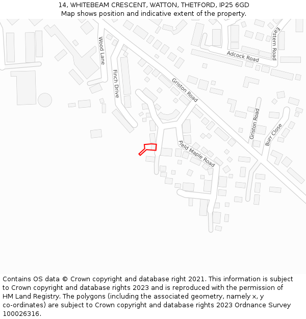 14, WHITEBEAM CRESCENT, WATTON, THETFORD, IP25 6GD: Location map and indicative extent of plot