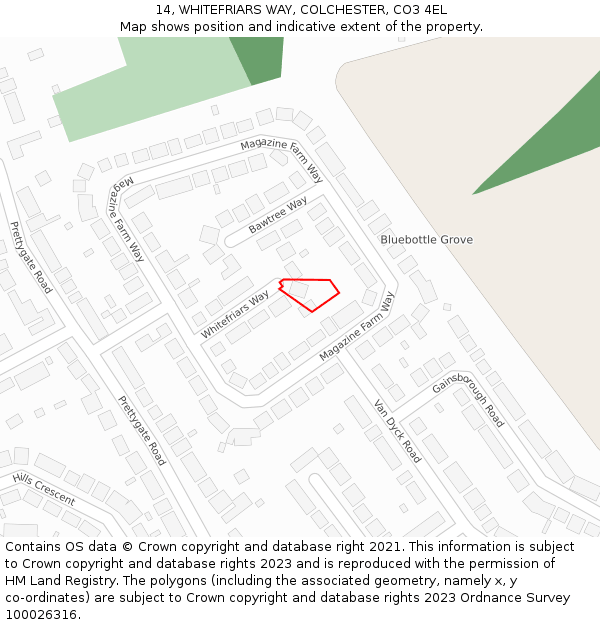 14, WHITEFRIARS WAY, COLCHESTER, CO3 4EL: Location map and indicative extent of plot