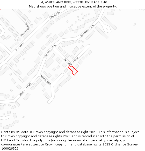 14, WHITELAND RISE, WESTBURY, BA13 3HP: Location map and indicative extent of plot