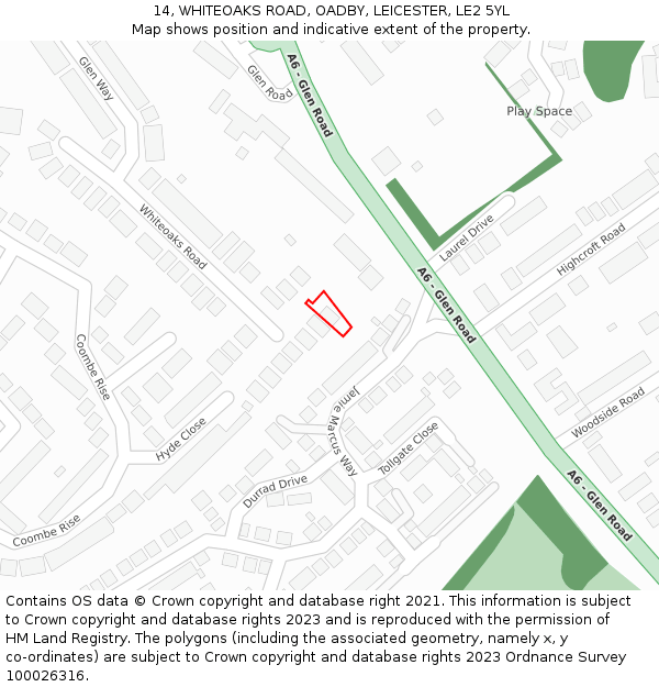 14, WHITEOAKS ROAD, OADBY, LEICESTER, LE2 5YL: Location map and indicative extent of plot