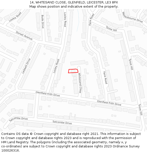 14, WHITESAND CLOSE, GLENFIELD, LEICESTER, LE3 8PX: Location map and indicative extent of plot