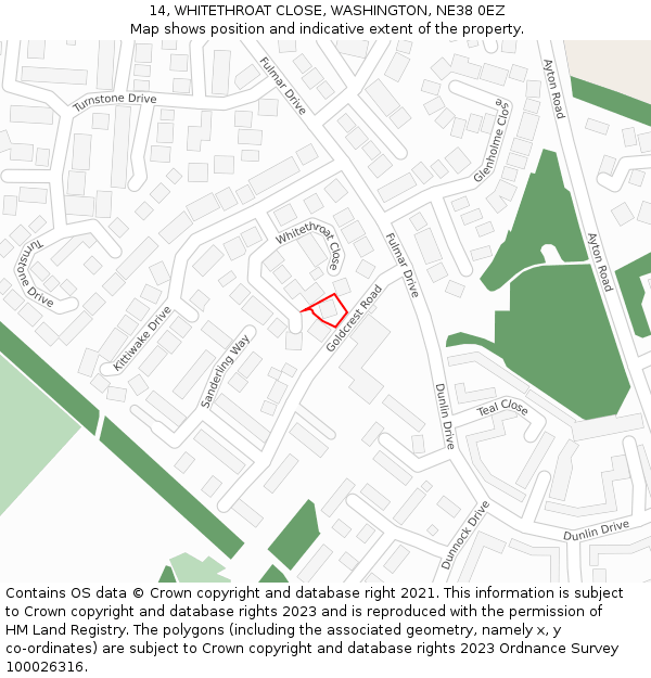 14, WHITETHROAT CLOSE, WASHINGTON, NE38 0EZ: Location map and indicative extent of plot