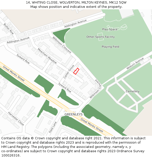 14, WHITING CLOSE, WOLVERTON, MILTON KEYNES, MK12 5QW: Location map and indicative extent of plot