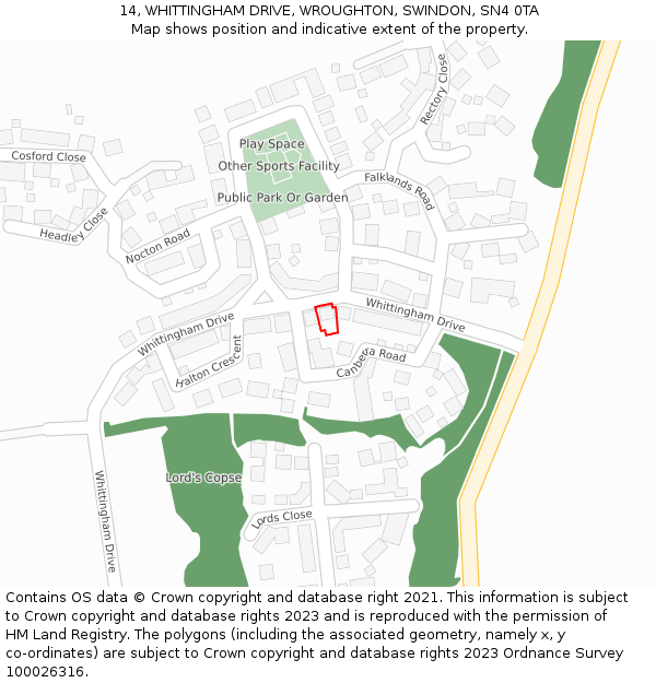 14, WHITTINGHAM DRIVE, WROUGHTON, SWINDON, SN4 0TA: Location map and indicative extent of plot