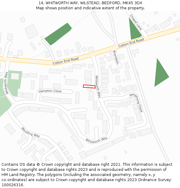 14, WHITWORTH WAY, WILSTEAD, BEDFORD, MK45 3DX: Location map and indicative extent of plot