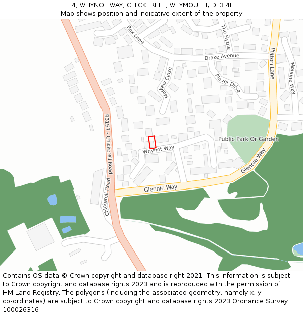 14, WHYNOT WAY, CHICKERELL, WEYMOUTH, DT3 4LL: Location map and indicative extent of plot