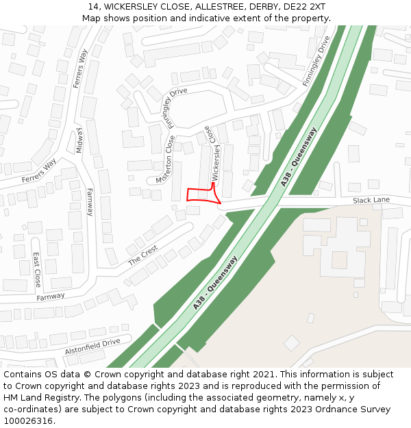 14, WICKERSLEY CLOSE, ALLESTREE, DERBY, DE22 2XT: Location map and indicative extent of plot