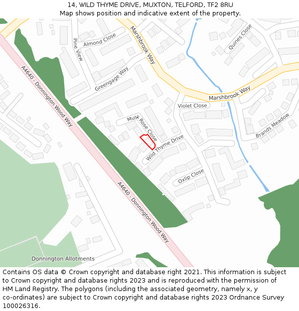 14, WILD THYME DRIVE, MUXTON, TELFORD, TF2 8RU: Location map and indicative extent of plot