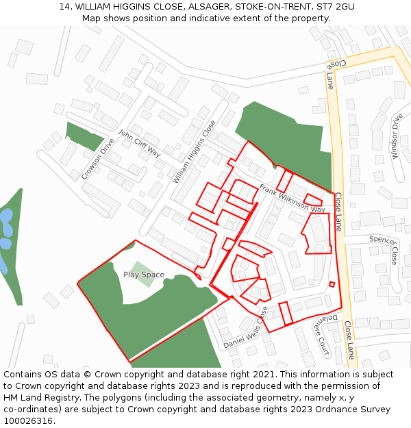 14, WILLIAM HIGGINS CLOSE, ALSAGER, STOKE-ON-TRENT, ST7 2GU: Location map and indicative extent of plot