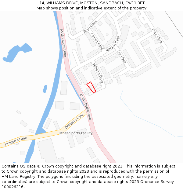 14, WILLIAMS DRIVE, MOSTON, SANDBACH, CW11 3ET: Location map and indicative extent of plot