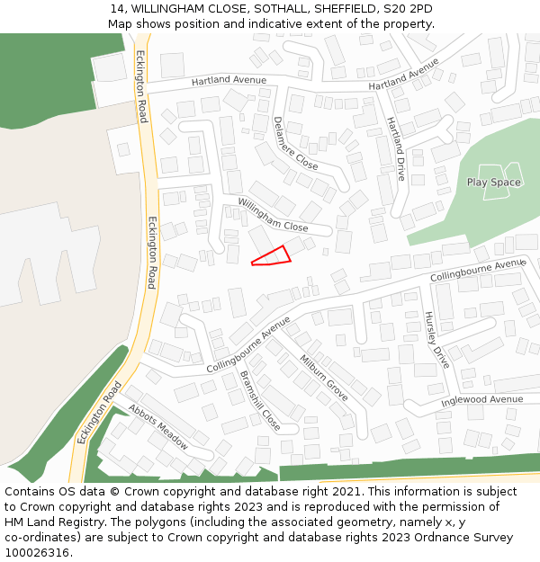 14, WILLINGHAM CLOSE, SOTHALL, SHEFFIELD, S20 2PD: Location map and indicative extent of plot