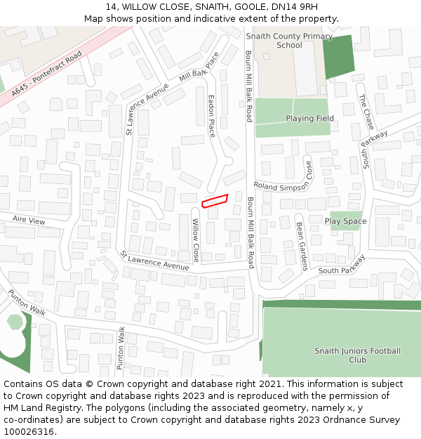 14, WILLOW CLOSE, SNAITH, GOOLE, DN14 9RH: Location map and indicative extent of plot