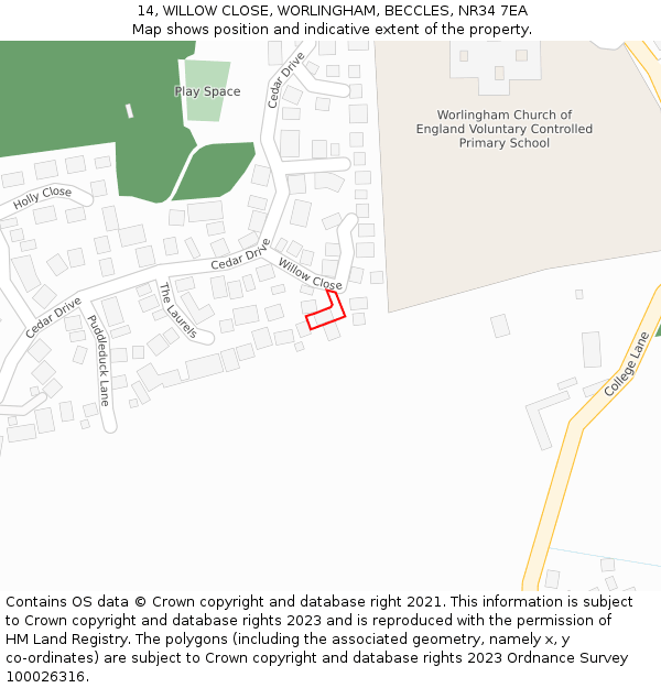 14, WILLOW CLOSE, WORLINGHAM, BECCLES, NR34 7EA: Location map and indicative extent of plot