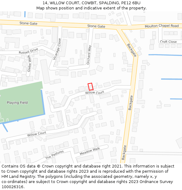 14, WILLOW COURT, COWBIT, SPALDING, PE12 6BU: Location map and indicative extent of plot