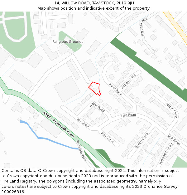 14, WILLOW ROAD, TAVISTOCK, PL19 9JH: Location map and indicative extent of plot