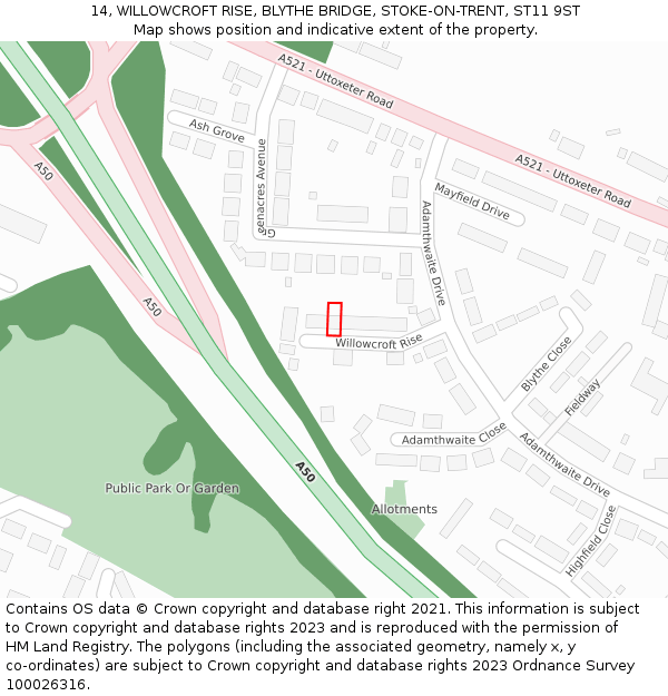 14, WILLOWCROFT RISE, BLYTHE BRIDGE, STOKE-ON-TRENT, ST11 9ST: Location map and indicative extent of plot