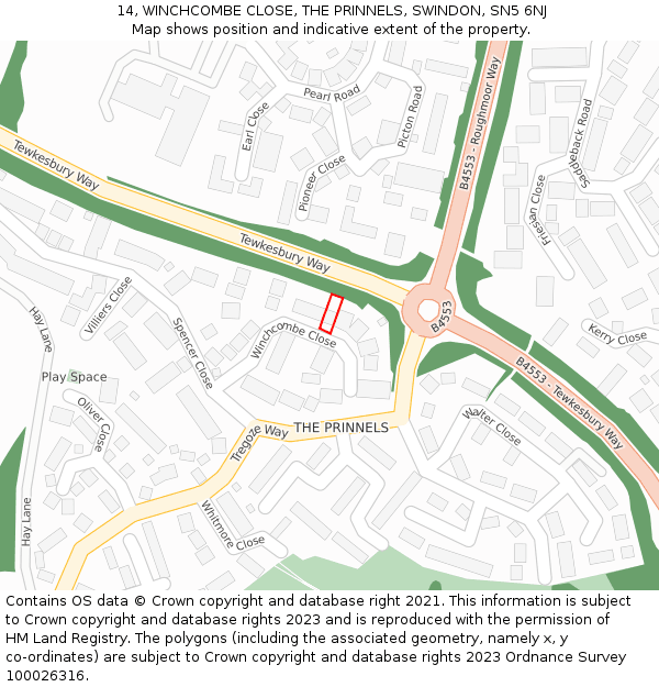 14, WINCHCOMBE CLOSE, THE PRINNELS, SWINDON, SN5 6NJ: Location map and indicative extent of plot