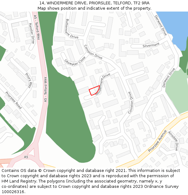 14, WINDERMERE DRIVE, PRIORSLEE, TELFORD, TF2 9RA: Location map and indicative extent of plot