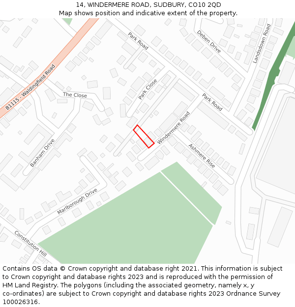 14, WINDERMERE ROAD, SUDBURY, CO10 2QD: Location map and indicative extent of plot