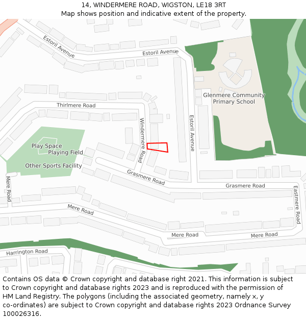 14, WINDERMERE ROAD, WIGSTON, LE18 3RT: Location map and indicative extent of plot